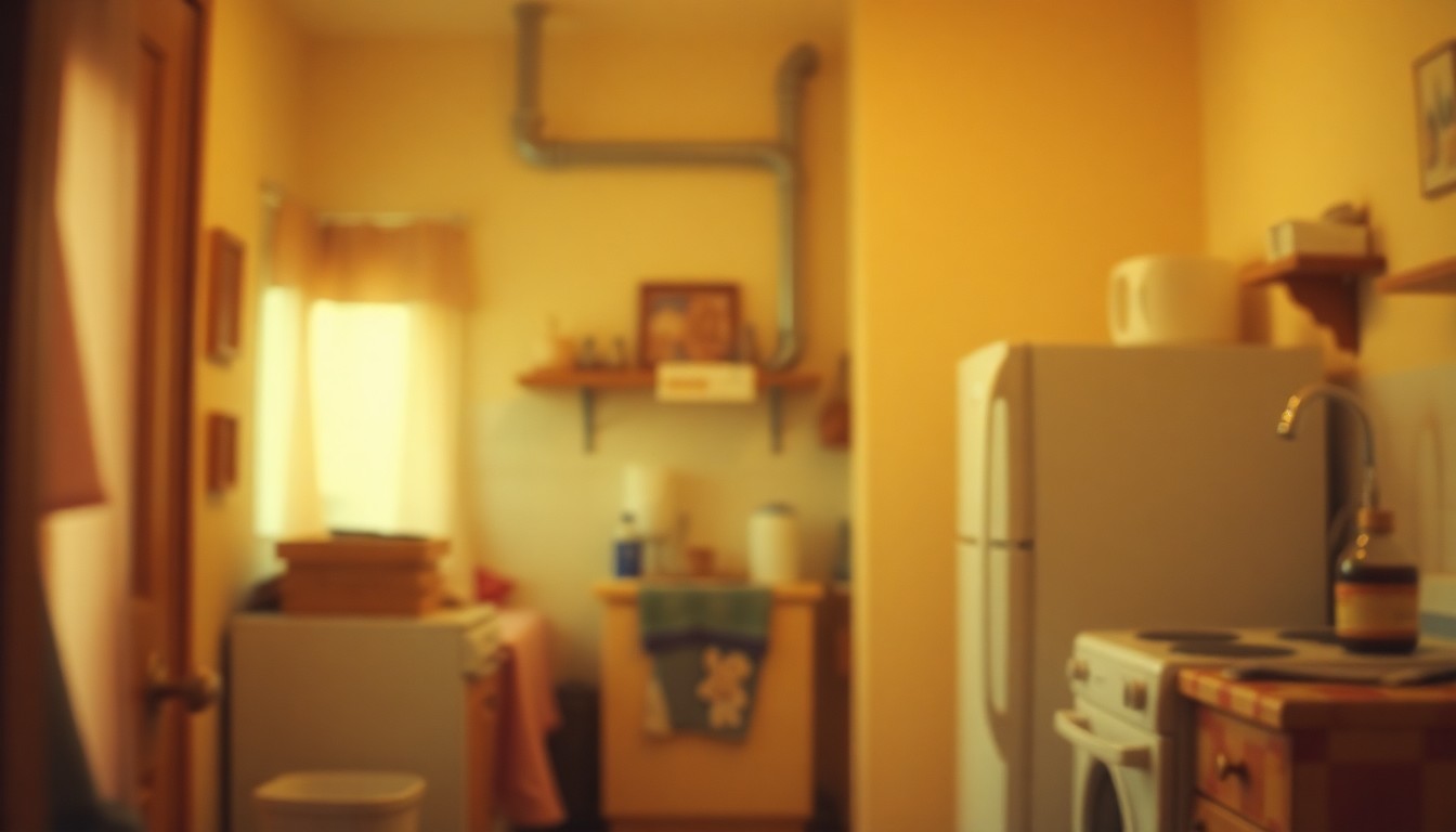 An abstract, out-of-focus photograph in warm, earthy tones depicting the interior of a cozy home, with hints of household appliances and plumbing fixtures, conveying a sense of comfort and security.