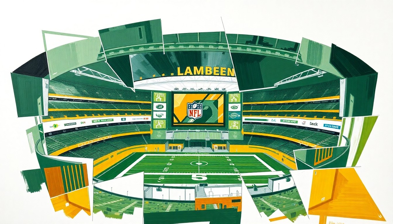 A cubist, fragmented painting depicting the NFL Draft Theatre at Lambeau Field, with the football field layout broken down into sharp, overlapping geometric shapes in shades of green, gold, and white.