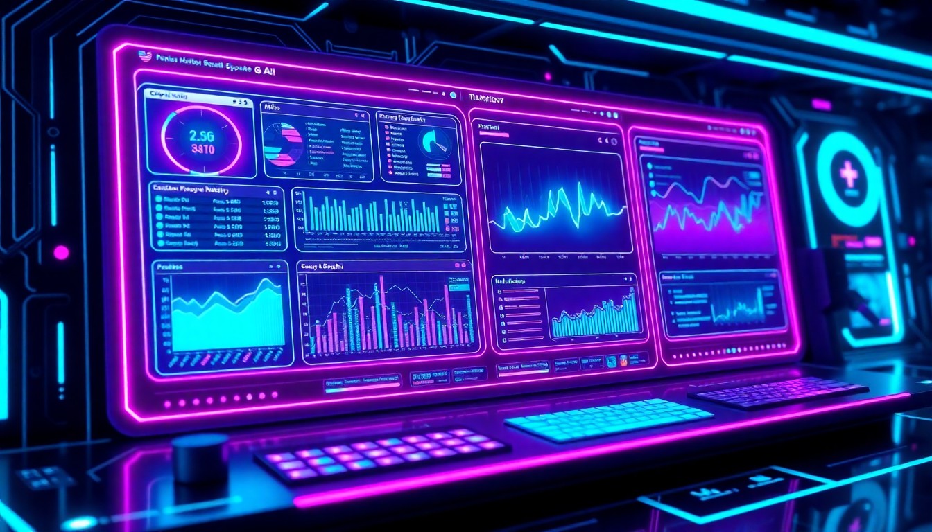 A highly detailed, glowing 3D illustration of a futuristic AI-powered marketing dashboard, featuring neon cyan and magenta lights illuminating various data visualizations and control panels, conceptually representing the advanced technology powering the next generation of B2B marketing automation.