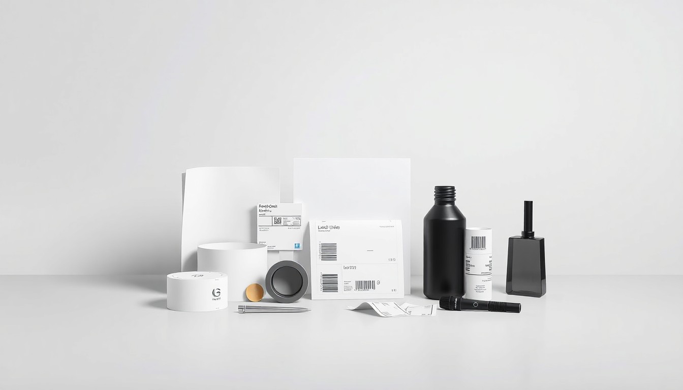 A minimalist, photorealistic studio still life featuring a collection of geometric label materials and printing tools arranged elegantly on a clean, monochromatic background, symbolizing the precision and versatility of Labels Unlimited Company's label printing services.