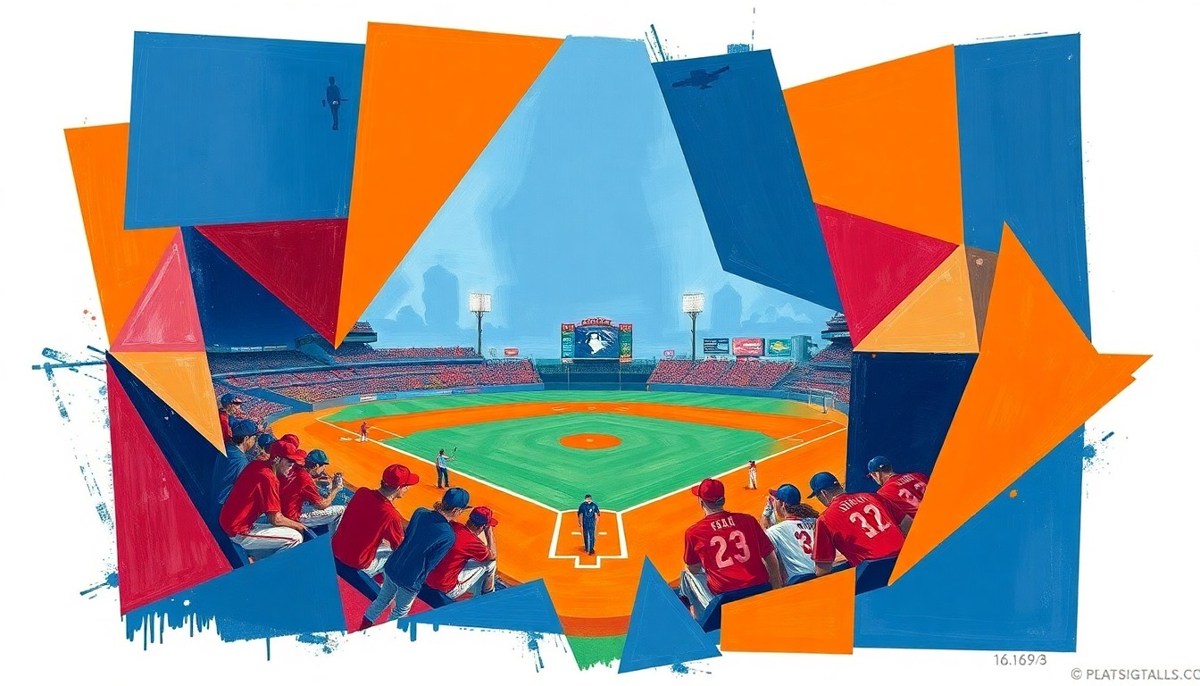 A cubist, geometric painting depicting a high school baseball game, with sharp, overlapping planes of bright orange, navy blue, and red colors representing the players and action on the field.