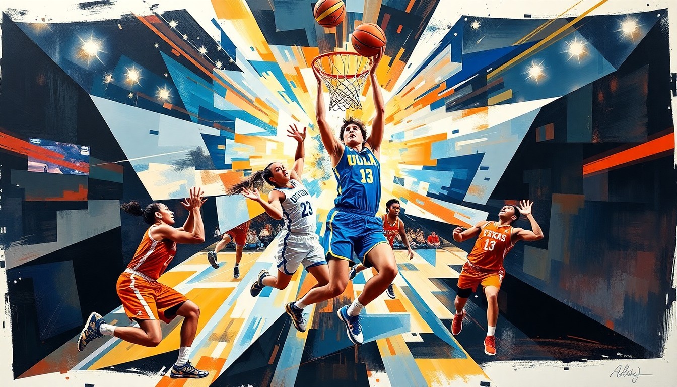 A fractured, cubist-style painting depicting the intense, high-energy moment of UCLA center Lauren Betts emphatically blocking a Texas player's shot attempt in the final seconds of their NCAA Final Four matchup, capturing the raw athleticism and competitive spirit of the game-changing play.