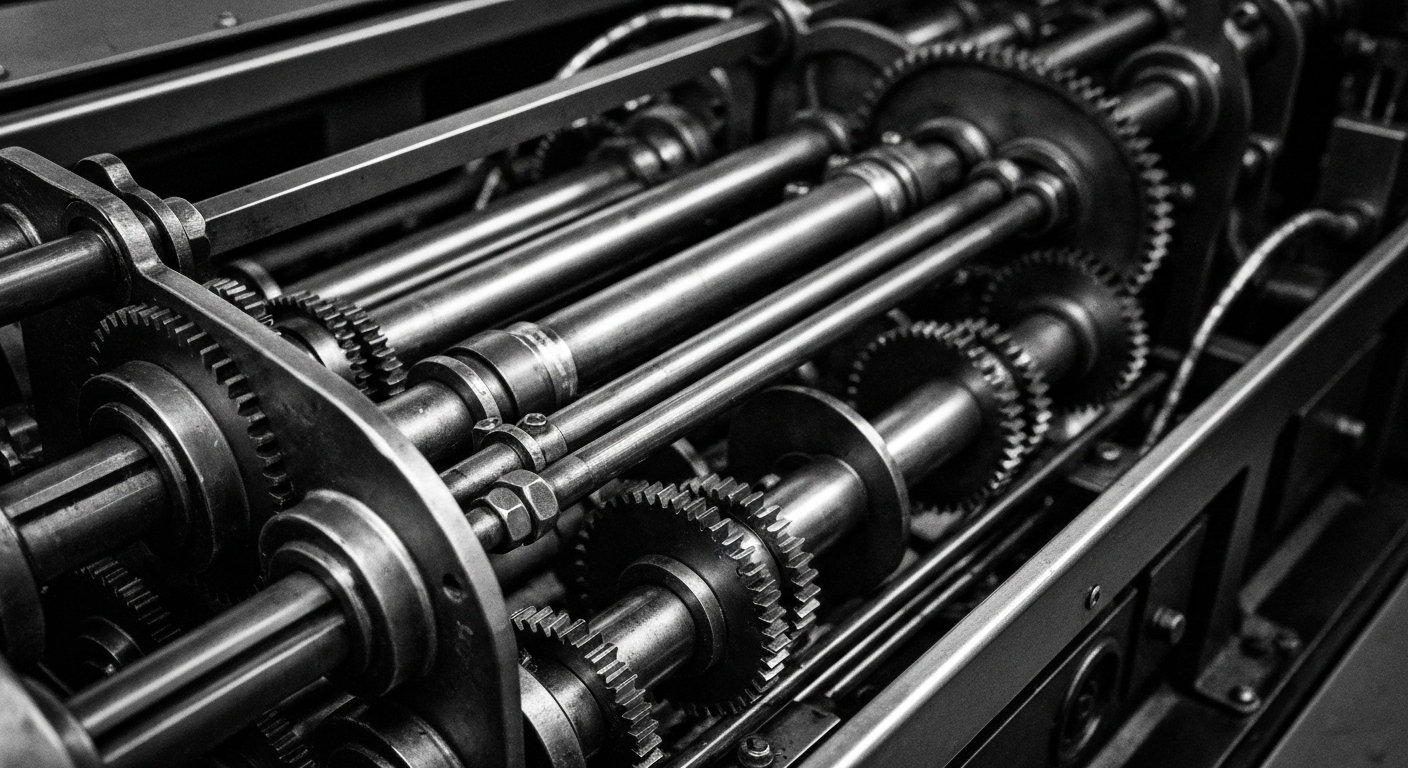 A high-contrast, black-and-white close-up image of the gears, levers, and mechanisms of an industrial payroll processing machine, conveying a sense of the scale and complexity of the financial infrastructure that powers modern businesses.
