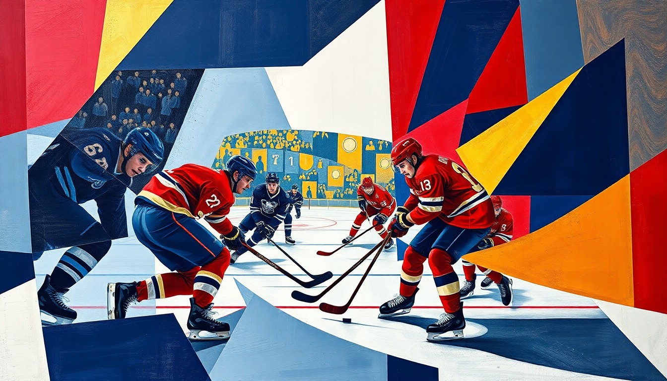 A cubist, geometric painting depicting the dynamic action of a college hockey game, with players' movements and the energy of the sport represented through bold, overlapping shapes and lines in a vibrant color palette.