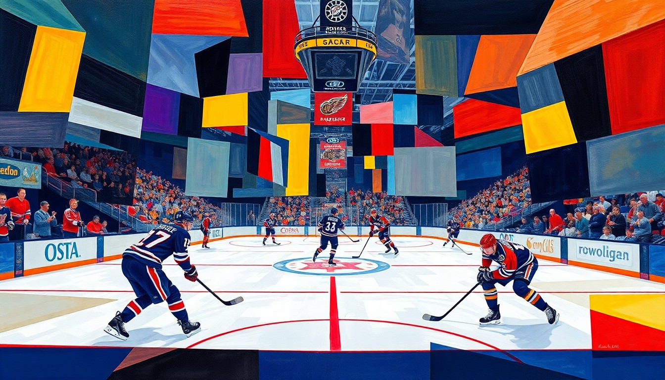 A fractured, geometric painting depicting a hockey game, with sharp planes of color representing the players, ice, and arena. The overlapping shapes and perspectives create a dynamic, abstract composition.