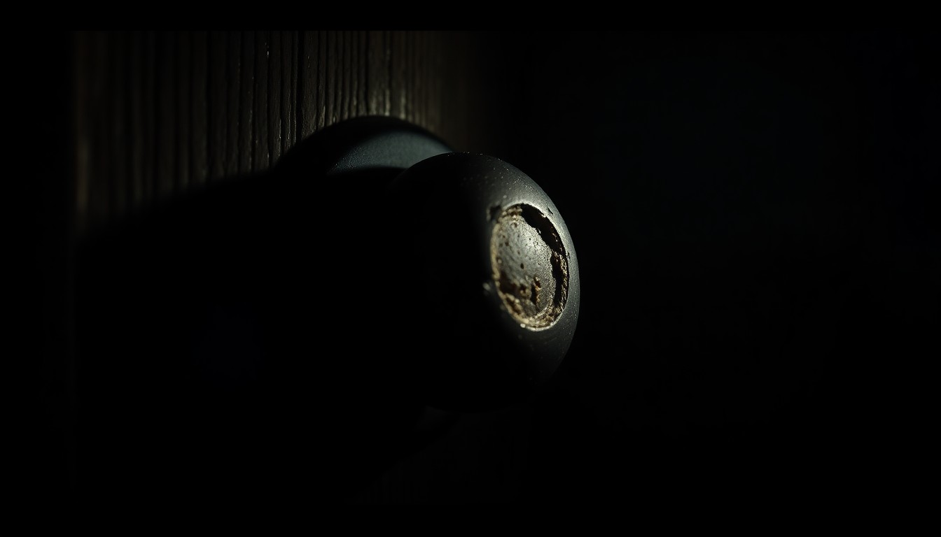 An extreme close-up photograph of a damaged doorknob or lock mechanism, lit by a harsh, direct camera flash against a pitch-black background, conceptually illustrating the aftermath of a home invasion attempt.