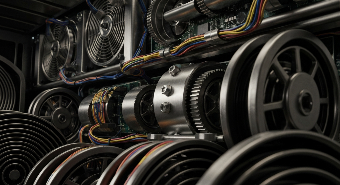 A close-up view of a complex, industrial-looking Bitcoin mining rig, with gears, wires, and metallic components filling the frame, conveying a sense of the financial infrastructure behind cryptocurrency.