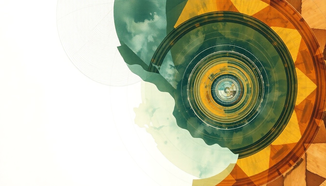 An abstract painting in soft, earthy tones featuring sweeping geometric shapes, concentric circles, and precise botanical spirals, conceptually representing the crystalline structure and energy transport properties of a new type of 2D perovskite semiconductor material.