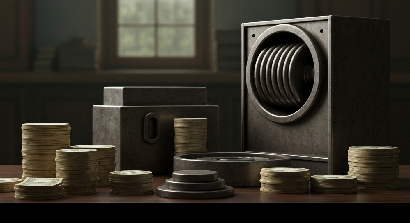 An extreme close-up of gears, levers, and other heavy industrial banking equipment, conveying a sense of financial power and institutional stability through physical, tangible machinery.