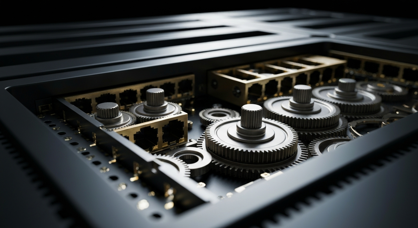An extreme close-up of the inner workings of a high-tech network router, with complex gears, circuits, and metallic components filling the frame and conveying the industrial power and engineering behind Cisco's networking hardware.
