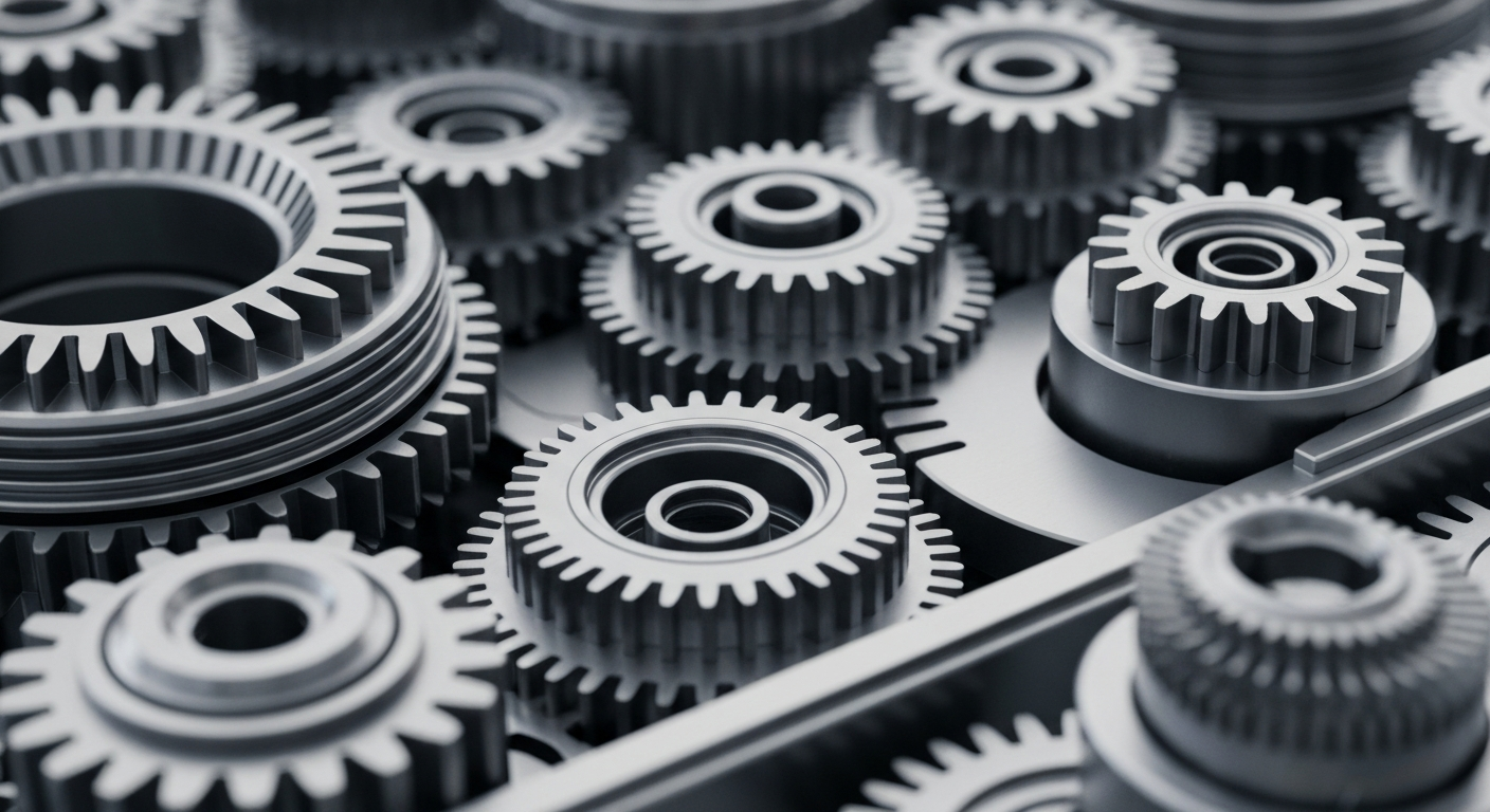 A highly detailed, cinematic close-up of the complex, polished metal machinery and components that make up the inner workings of a semiconductor company, conveying a sense of the technical sophistication and engineering expertise behind Marvell Technology's products.