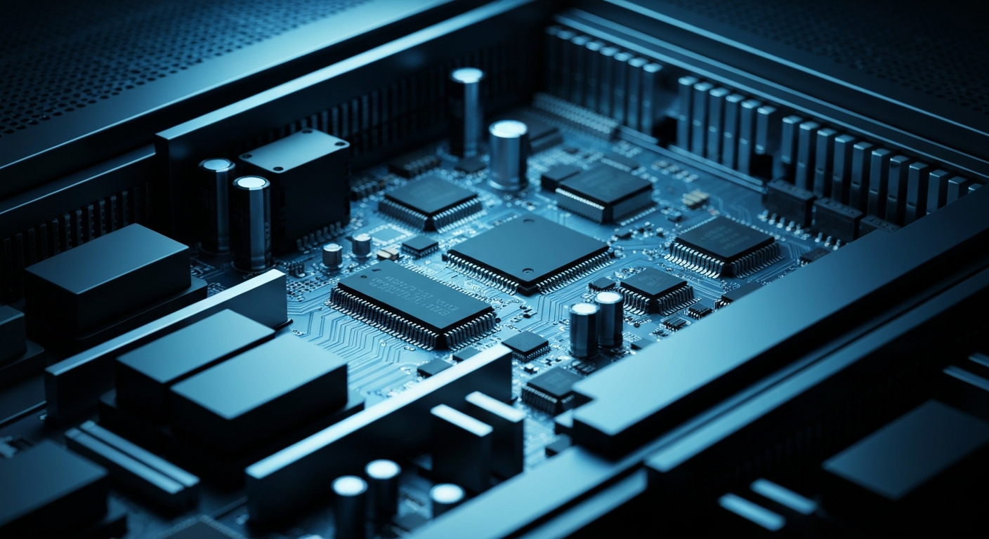 An extreme close-up of the internal components and circuitry of a Netflix streaming server, with a cool blue glow illuminating the intricate industrial design, representing the powerful technology infrastructure that powers the global streaming platform.