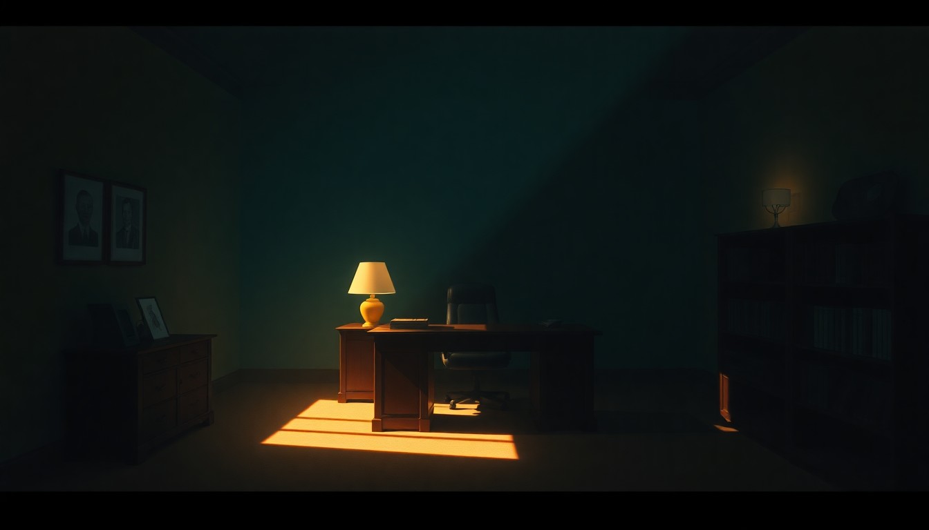 A dimly lit office space with a simple wooden desk and chair, the scene bathed in warm, cinematic lighting that casts deep shadows, conveying a sense of quiet contemplation.