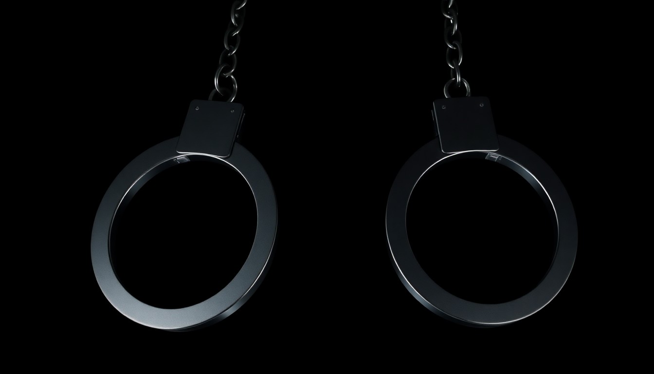 An extreme close-up photograph of a pair of metal handcuffs against a stark black background, the harsh flash creating dramatic shadows and highlights to convey a sense of law enforcement action and investigation.