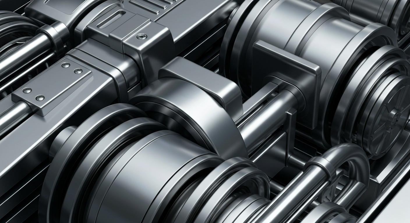 An extreme close-up of highly textured, gleaming metal machinery and equipment, conveying a sense of industrial power and financial security without using any literal currency or financial symbols.