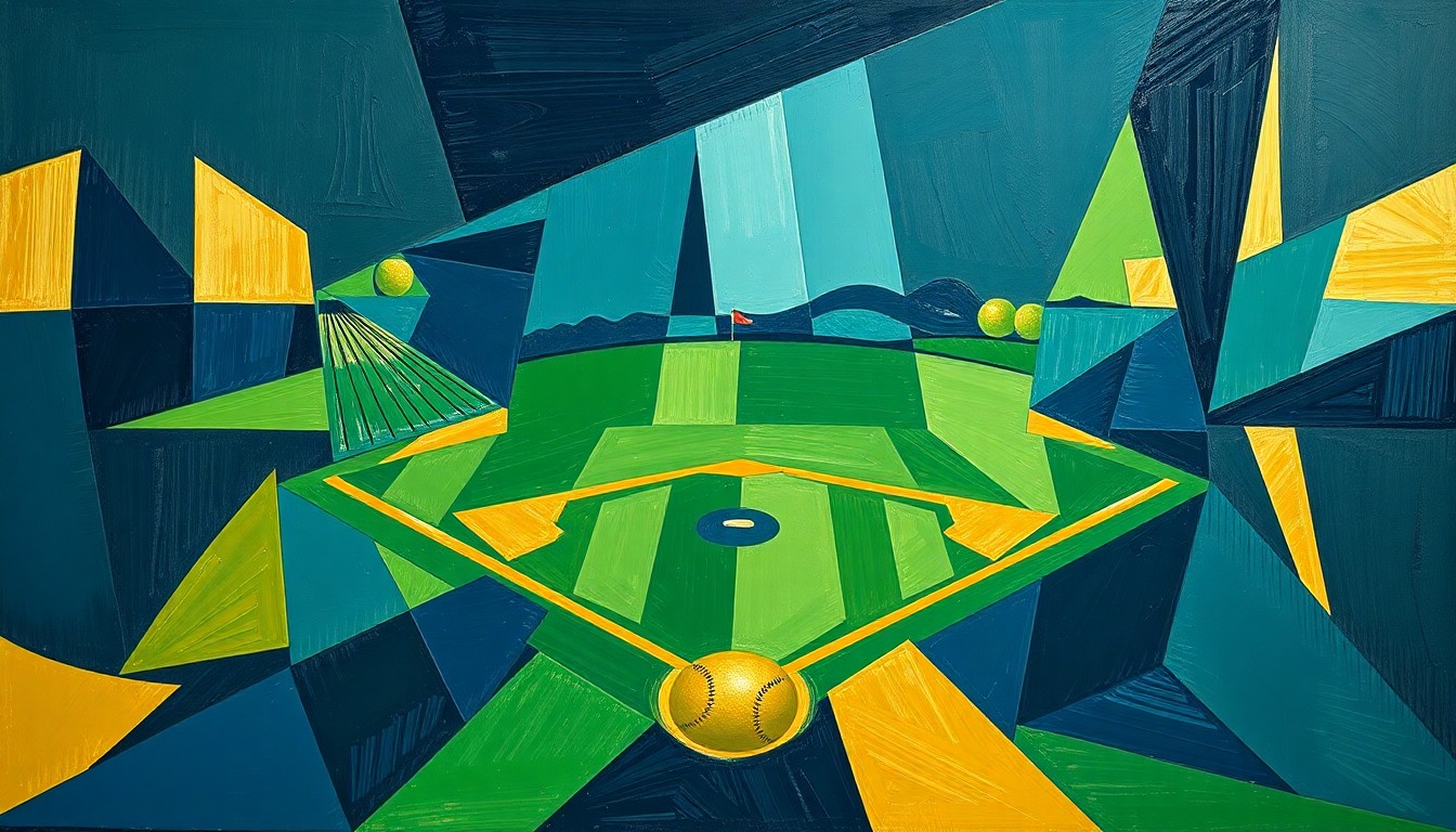 A cubist, geometric painting depicting the dynamic action of a softball game, with overlapping planes of navy, green, and gold representing the players, field, and ball.