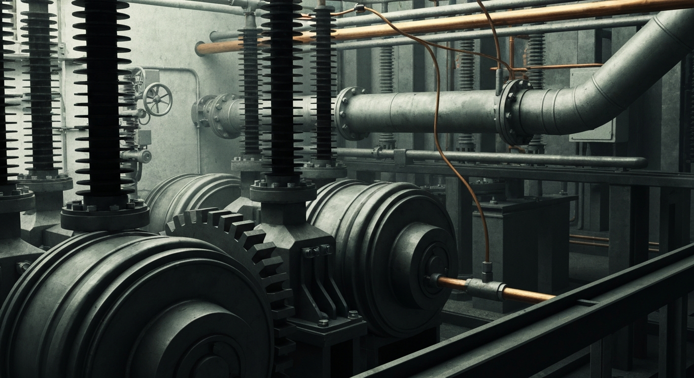 An extreme close-up of the intricate inner workings of an electrical substation, with gears, pipes, and heavy machinery in muted industrial tones, conceptually representing the robust infrastructure and technology powering a major utility company.