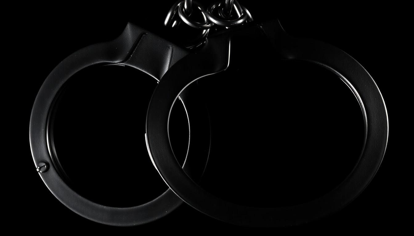 An extreme close-up photograph of a set of handcuffs against a pitch-black background, creating a stark, gritty, investigative aesthetic that conceptually represents the transparency provided by the jail log.