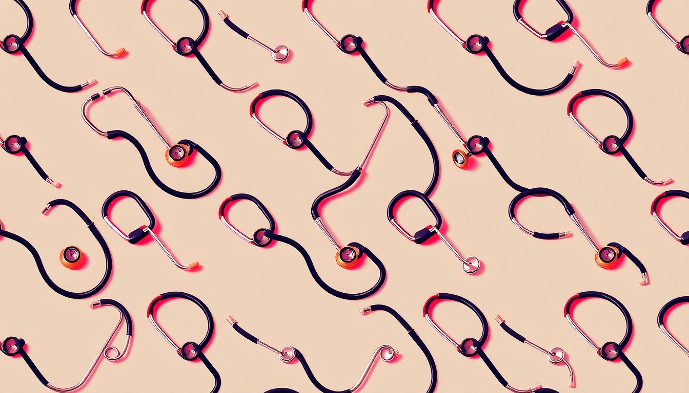 A bold, colorful silkscreen illustration featuring a repeating pattern of a medical stethoscope, conceptually representing the college's efforts to expand healthcare education and training.