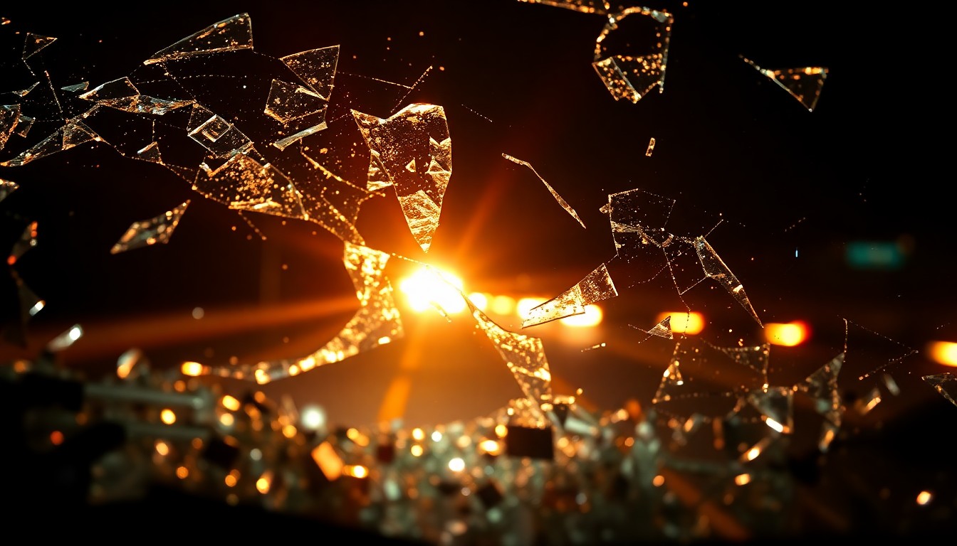 An extreme close-up photograph of a shattered car windshield reflecting the harsh light of a camera flash, conceptually illustrating the aftermath of a fiery highway crash.