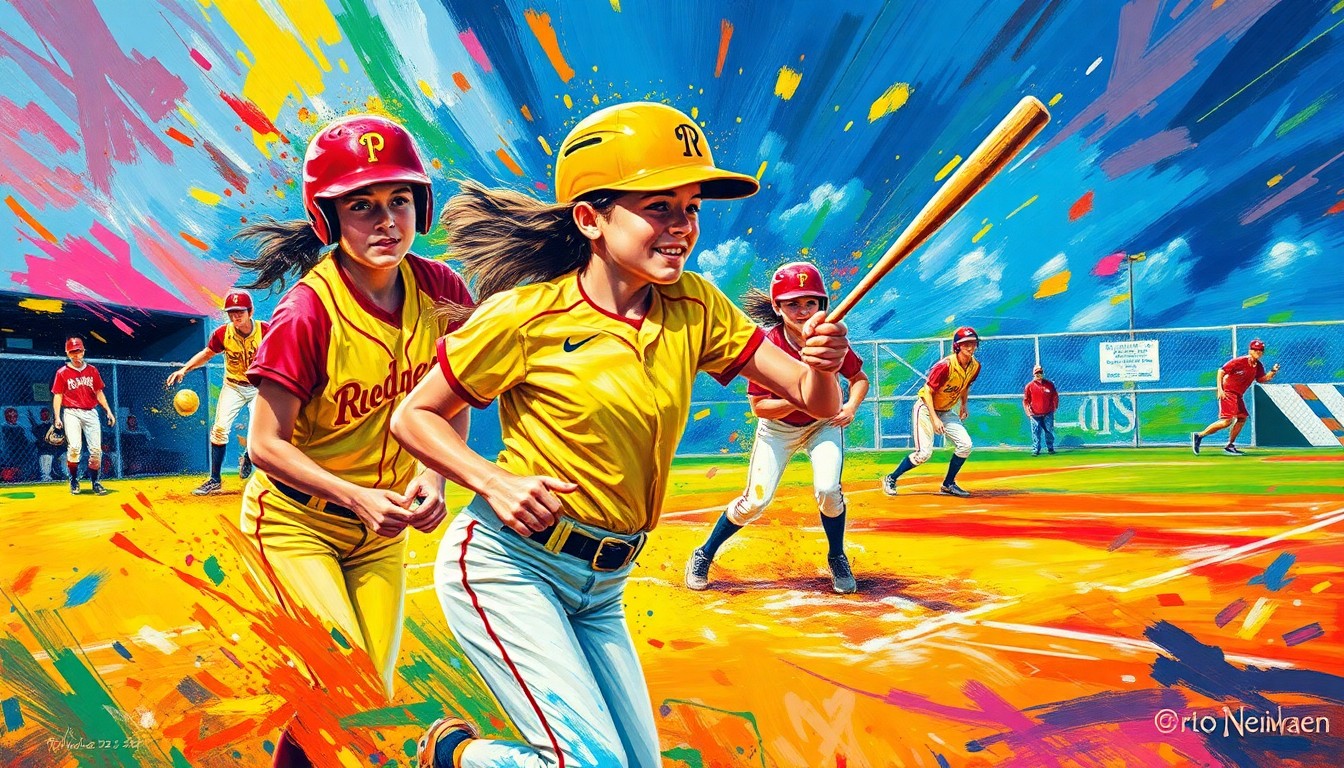 An abstract, expressionist painting in neon colors depicting the dynamic motion and energy of a high school softball game, with players' forms dissolving into vibrant brushstrokes.