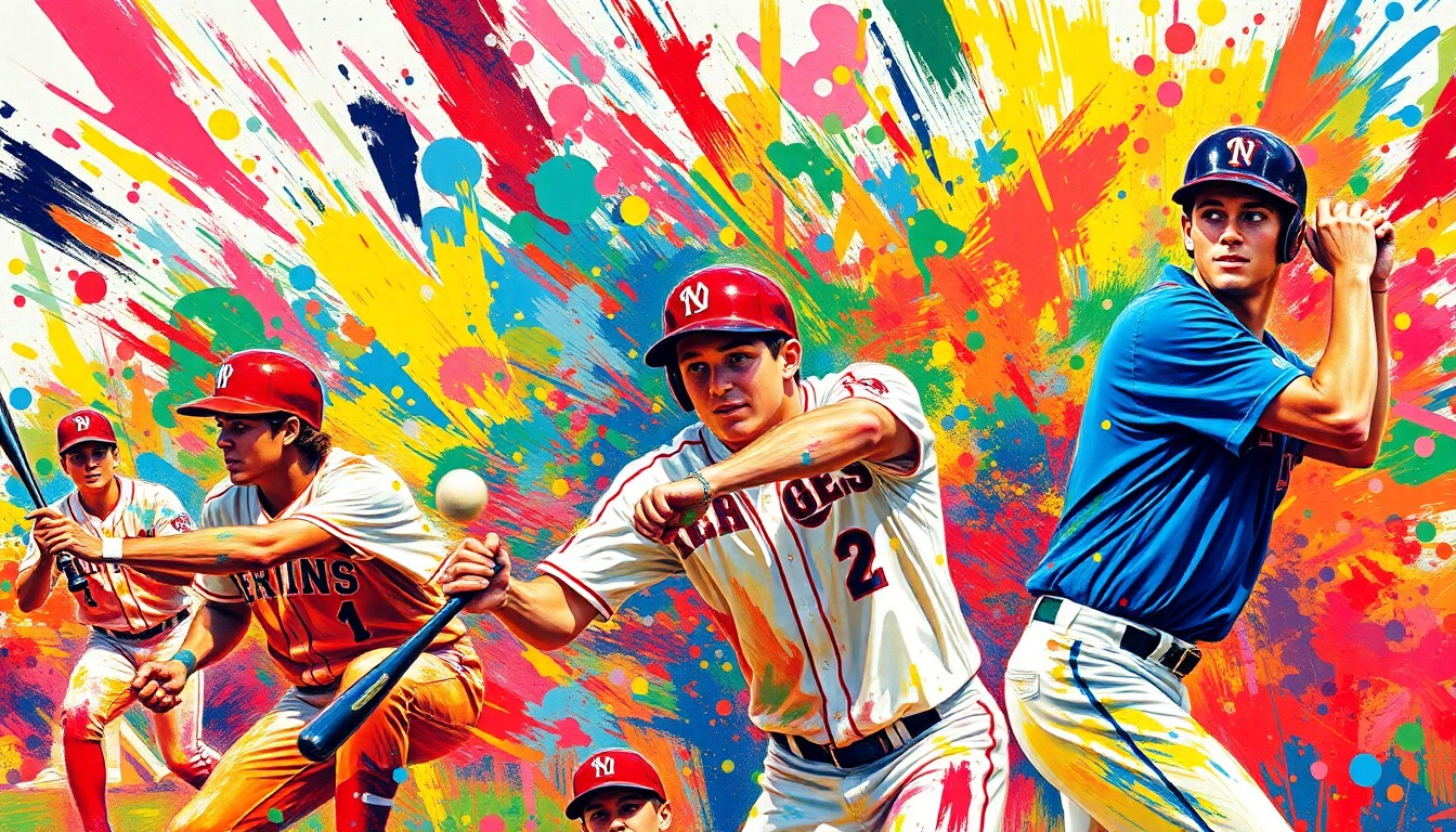 An abstract, energetic painting in neon colors depicting the motion and intensity of a high school baseball game, with players' forms blending into the dynamic brushstrokes.