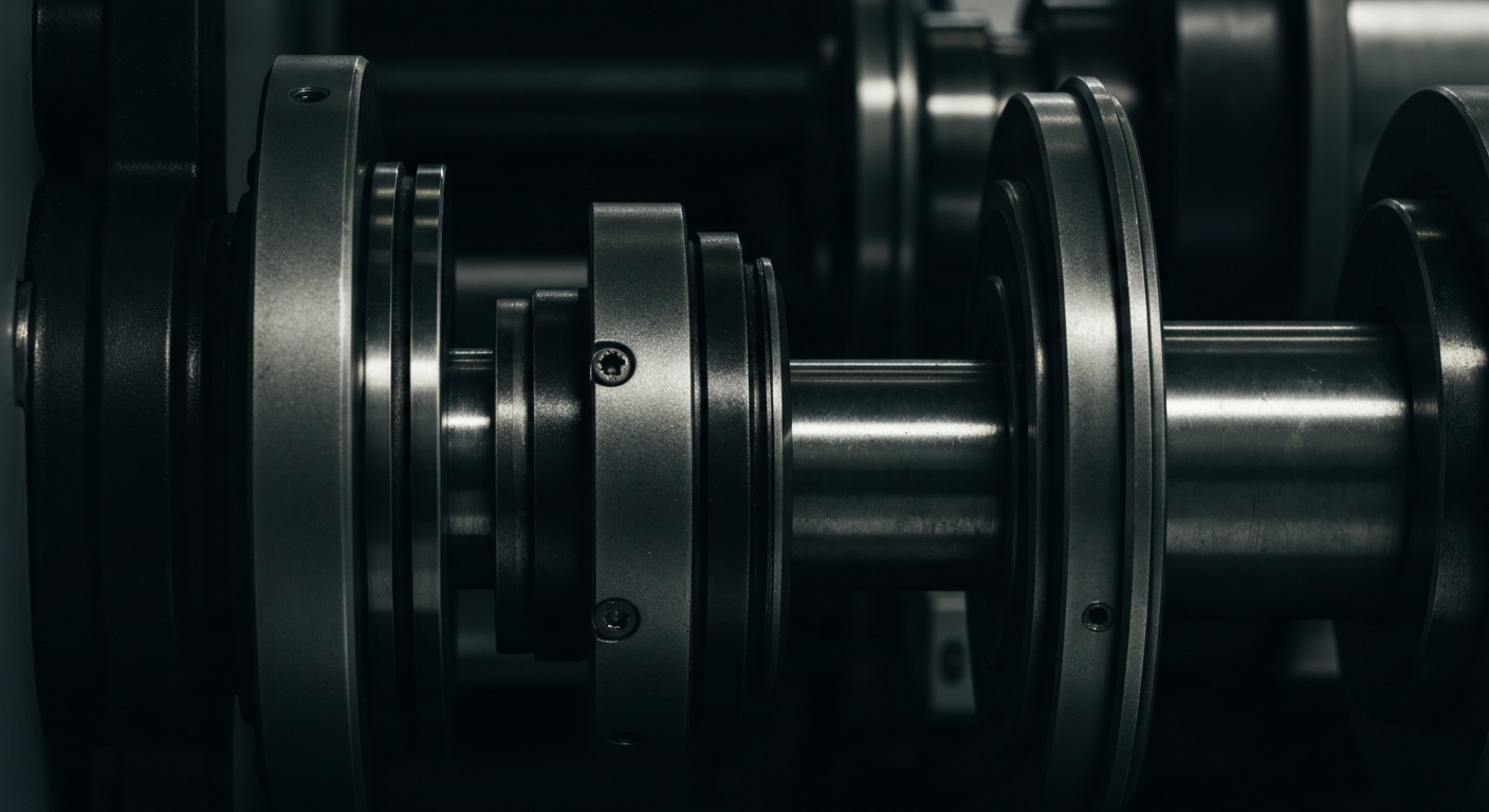 An extreme close-up of intricate, industrial-looking banking machinery and vaults, conveying a sense of institutional financial security and stability through its heavy, textured, and cinematic visual style.