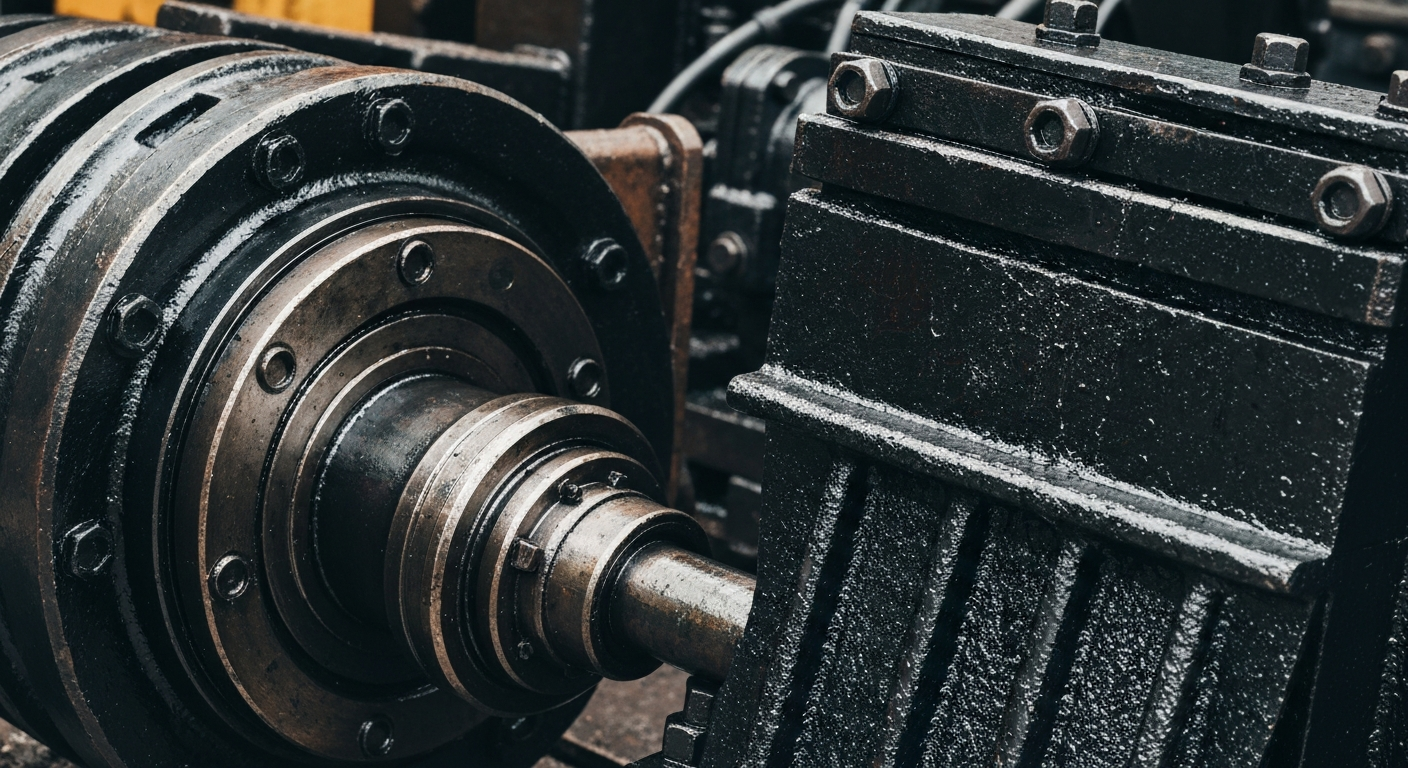 An extreme close-up of heavy, industrial auto parts machinery in muted tones of steel grey, rust, and oil-stained black, conceptually representing the uncertainty facing AutoZone's business.