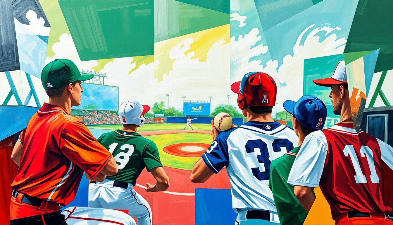 An abstract, cubist-style painting featuring sharp, overlapping geometric shapes in the team colors of green, white, red, and blue, conveying the dynamic energy and momentum of a high school softball game.