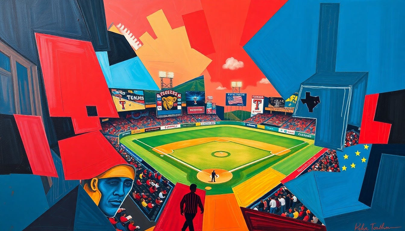 A cubist, geometric painting depicting a baseball game in motion, with overlapping shapes and planes of red, blue, and gold colors representing the action on the field.