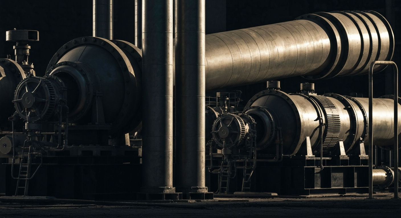 An extreme close-up of industrial power generation equipment, such as turbines, generators, or transformers, conveying the physical scale and complexity of the energy industry without using any text or identifiable branding.