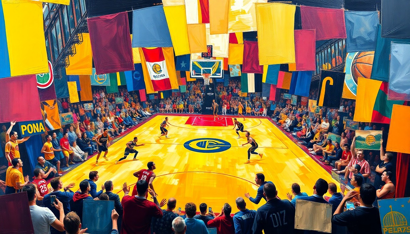 A fractured, cubist-style painting depicting the action and energy of a basketball game between the Cleveland Cavaliers and Indiana Pacers, with the players' forms broken down into sharp, overlapping geometric shapes and planes of vibrant team colors.