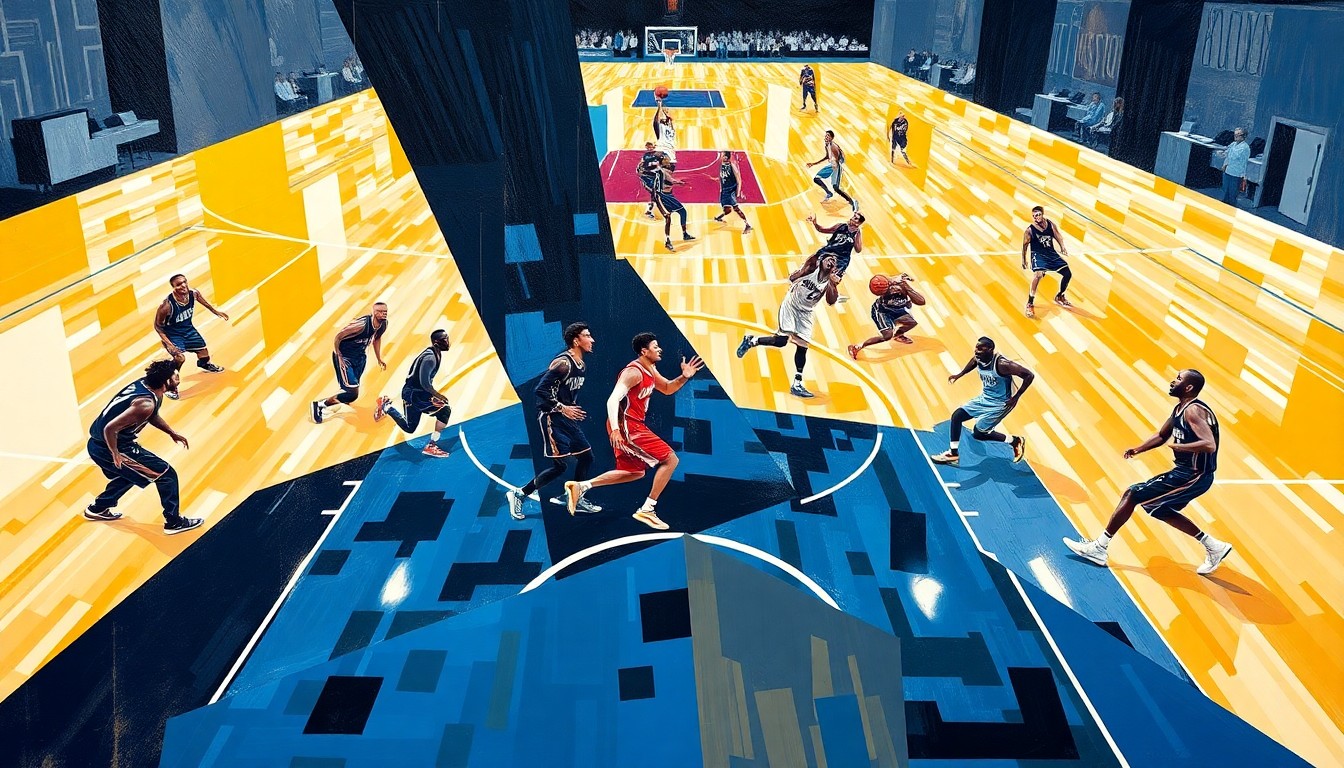 A fragmented, geometric painting in the style of Pablo Picasso, with sharp, overlapping planes representing the movements and energy of a basketball game between two teams.