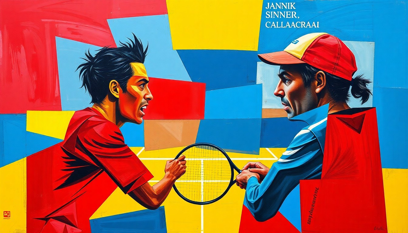 A fractured, cubist-style painting depicting a tennis match between two players, with their forms broken down into sharp, overlapping geometric shapes in a vibrant color palette.
