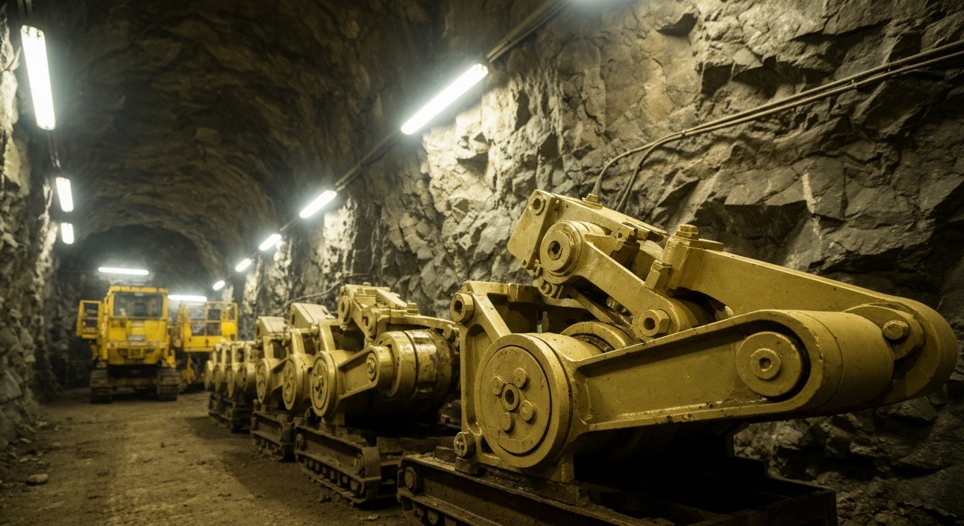 An extreme close-up of the intricate gears, levers, and mechanisms of heavy industrial gold mining equipment, conveying the complex financial infrastructure behind precious metals investments.