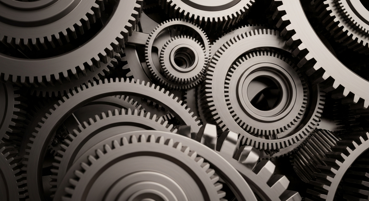 An extreme close-up of highly detailed, interlocking metal gears and machinery in shades of grey, bronze, and black, conveying the complex financial infrastructure and institutional investment in enterprise technology.