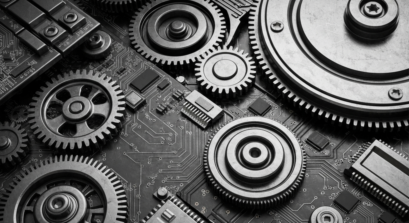 A highly detailed, cinematic macro photograph of the intricate mechanical components and circuitry that power the modern financial system, conveying a sense of the scale and complexity of institutional investing.