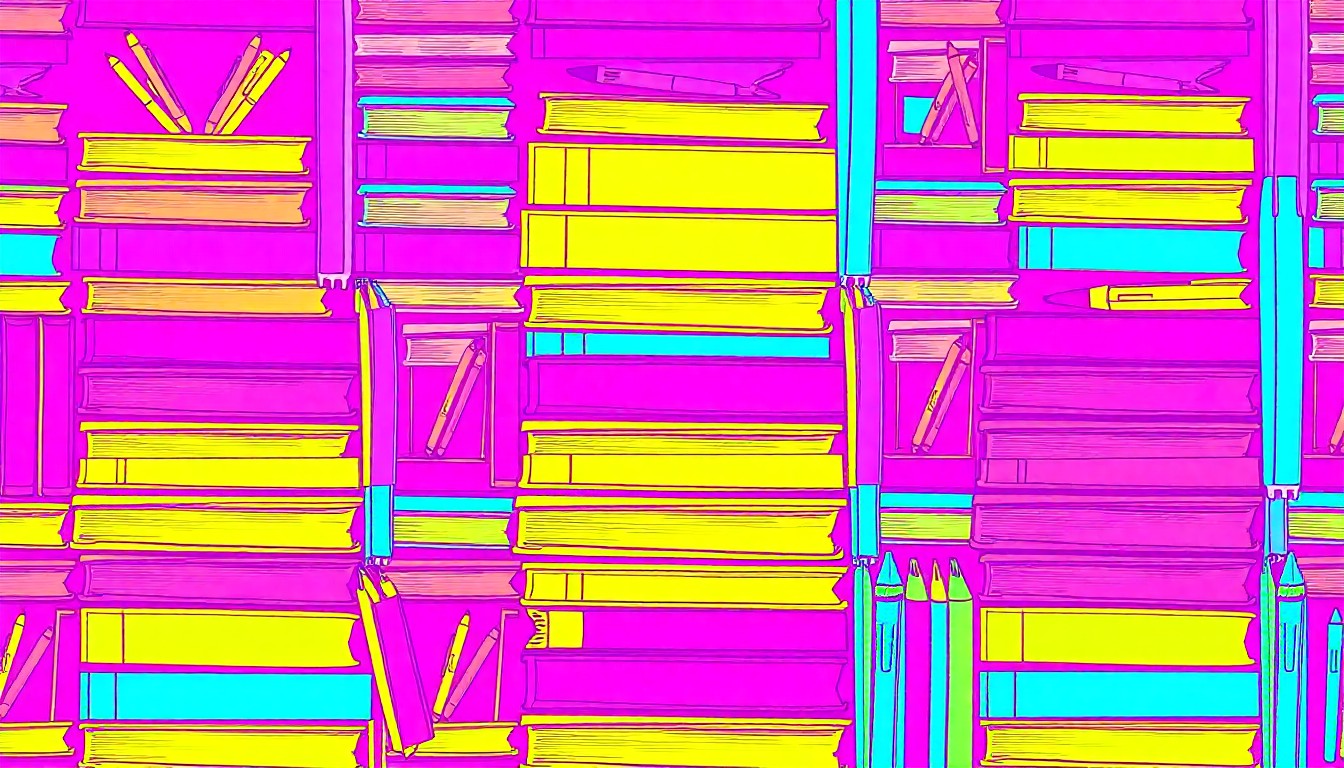 A brightly colored, high-contrast silkscreen print of a stack of textbooks and school supplies repeated in a tight grid pattern, conceptually representing the financial pressures facing the Bernards Township school district.