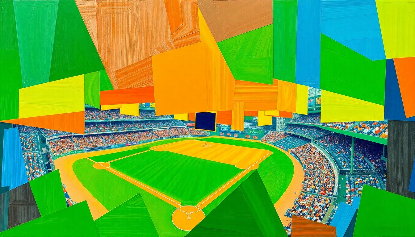 A cubist, geometric painting depicting a baseball game, with sharp, overlapping planes of bright green, orange, and blue, capturing the dynamic energy and unpredictability of the sport.
