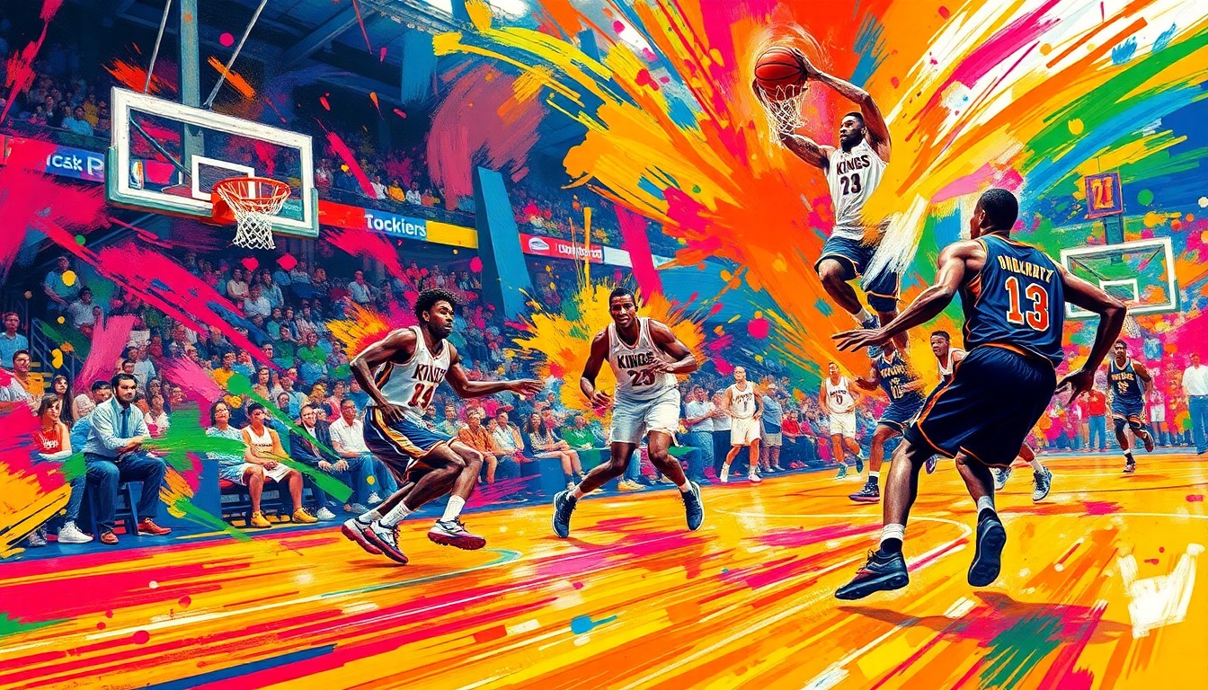 An abstract, expressionist painting in vibrant neon colors capturing the frenetic energy and movement of a basketball game, with players and the ball blending into a chaotic, energetic composition.