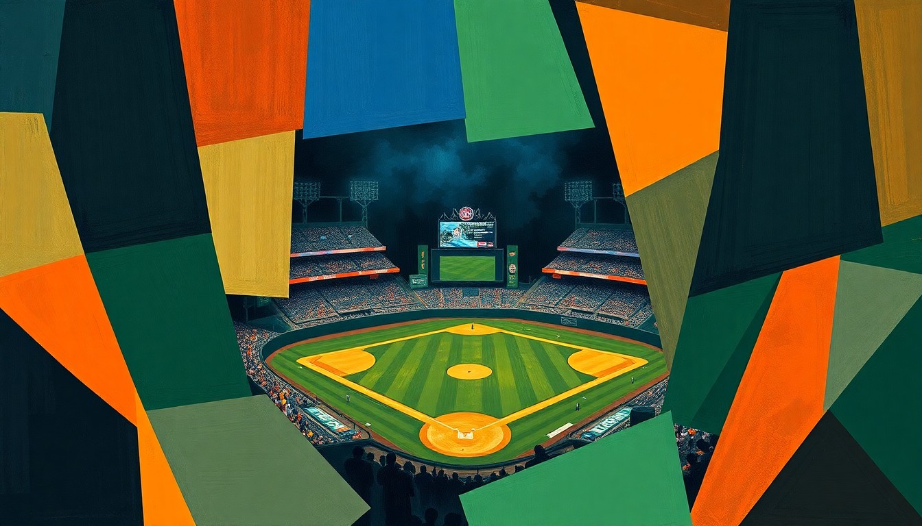 A cubist, geometric painting depicting a Guardians baseball game, with sharp, overlapping planes of navy, green, and orange conveying the energy and movement of the sport.