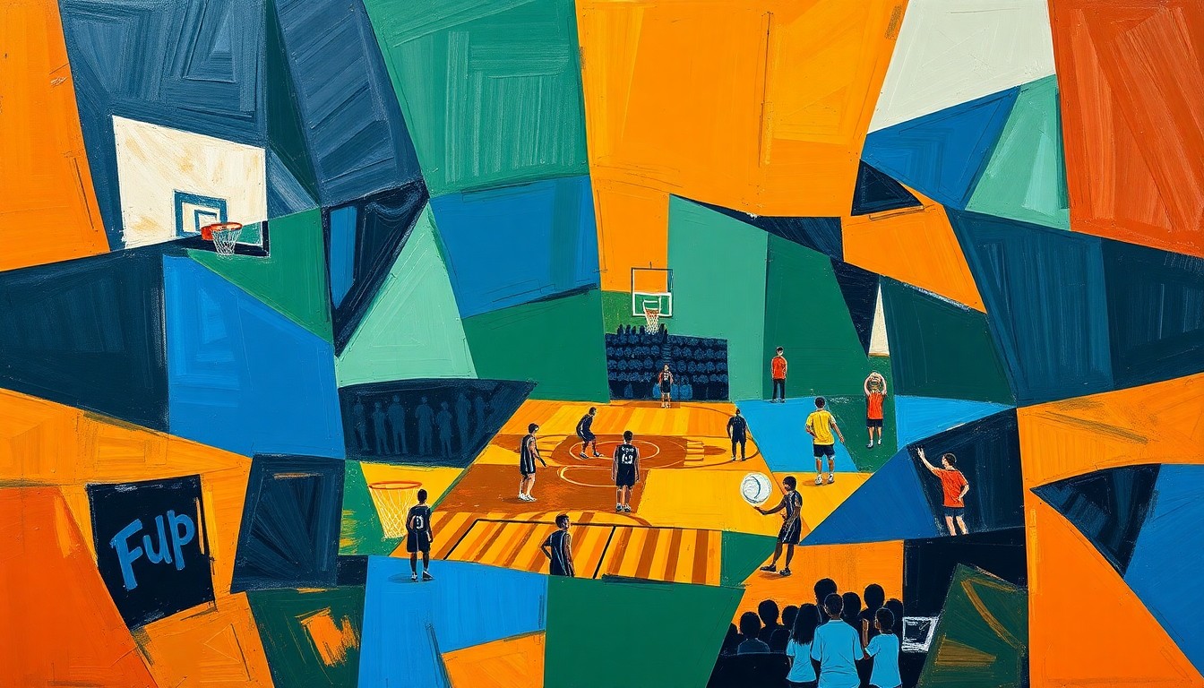 A fractured, multi-perspective painting in vibrant colors, breaking down a high school sports scene into sharp, overlapping geometric shapes, conceptually representing the lasting impact of student-athlete experiences.