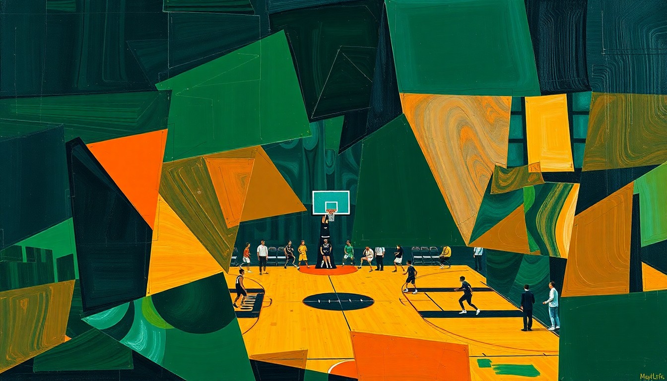 A cubist-inspired painting featuring overlapping geometric shapes and planes in navy, green, and orange, conceptually representing the multifaceted nature of a high school basketball game.