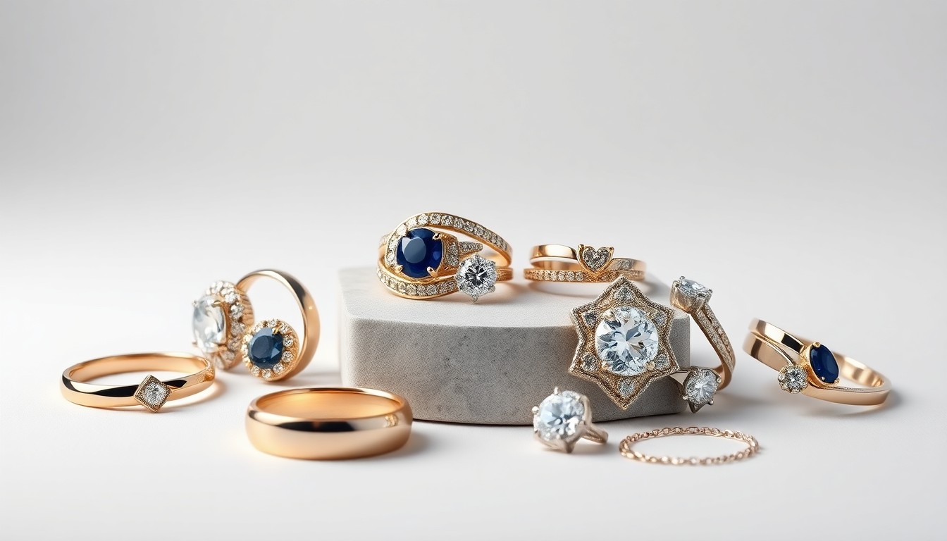 A minimalist, photorealistic studio still life featuring a collection of premium, polished jewelry pieces arranged elegantly on a clean, monochromatic background, conceptually representing the specialized digital marketing strategies needed to promote luxury jewelry brands.