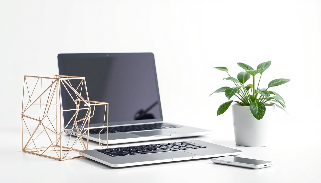 A minimalist studio photograph featuring a polished metal desk organizer, a sleek laptop, and a stylized potted plant, symbolizing the tools and environment of a successful online business owner.