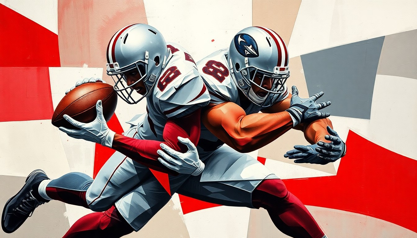 A cubist, geometric painting depicting a defensive lineman making a tackle, with sharp, overlapping planes of pewter, red, and gray colors creating a fragmented, multi-dimensional visual representation of the action.