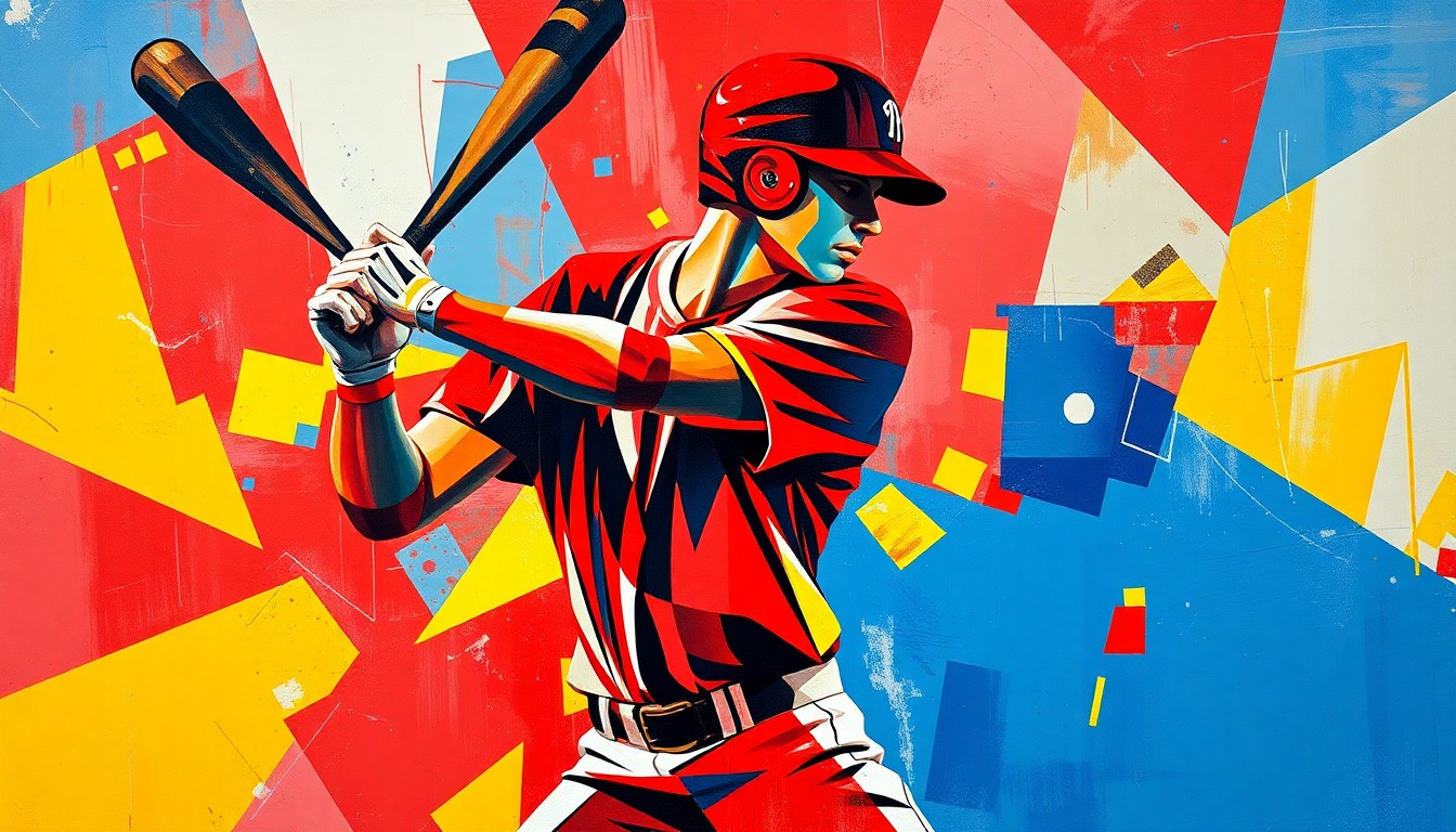 A fragmented, geometric painting depicting a baseball player's swing motion, with sharp planes of red, blue, and yellow intersecting to create a dynamic, abstract composition.