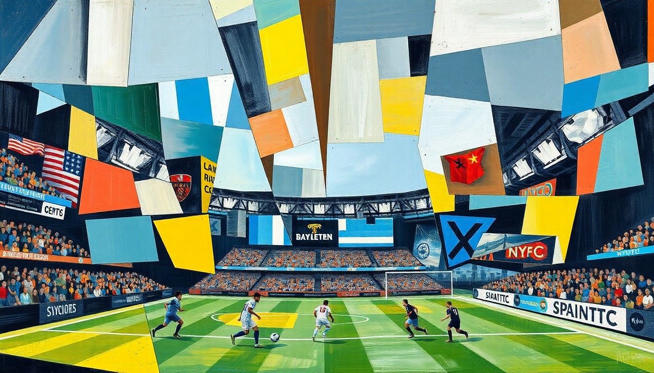 A fragmented, geometric painting depicting a soccer match between two teams, with players and the field broken down into sharp, overlapping planes of color and shape.
