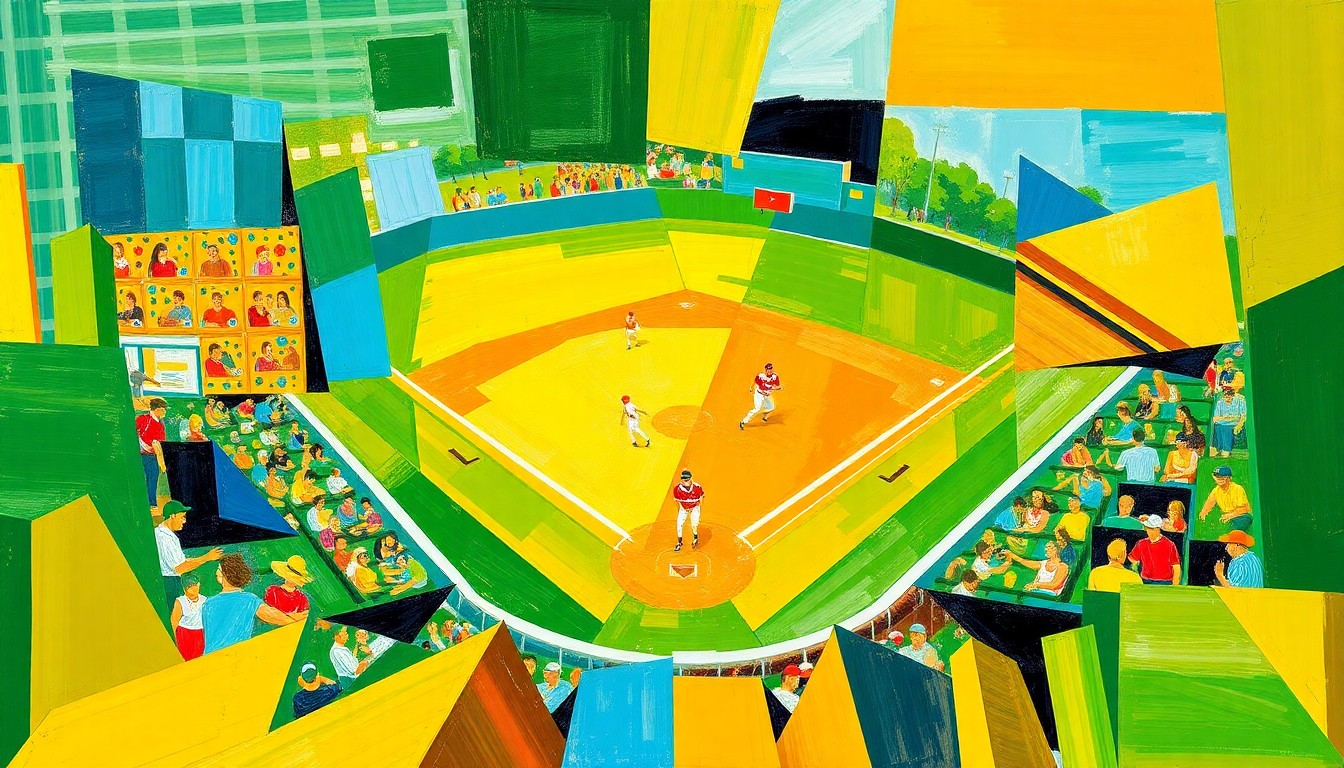 A vibrant, cubist-style painting depicting the dynamic action of a high school softball game, with players and the field fractured into overlapping geometric shapes in shades of green, blue, and yellow.