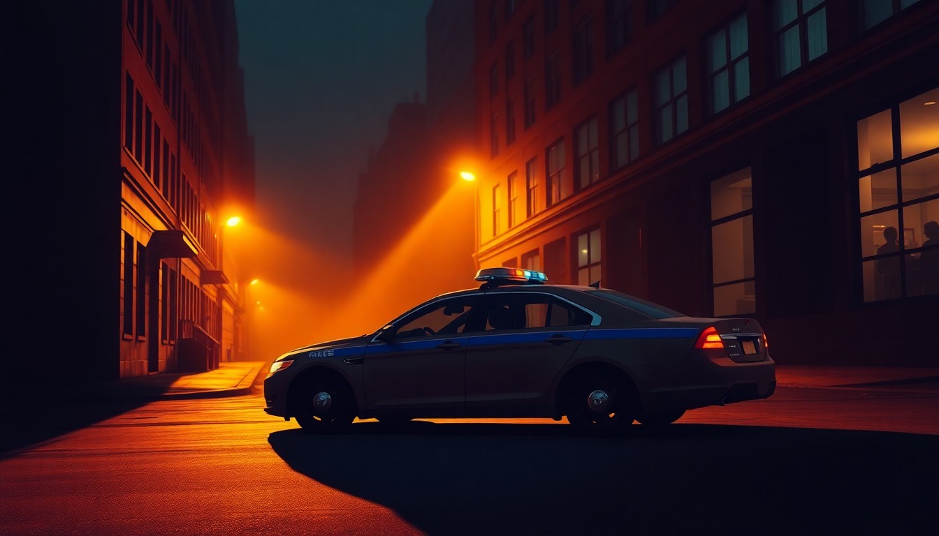 A cinematic painting of a solitary police car parked on a dimly lit city street, bathed in warm, diagonal sunlight and deep shadows, conveying a sense of quiet contemplation and unresolved tensions around police accountability.